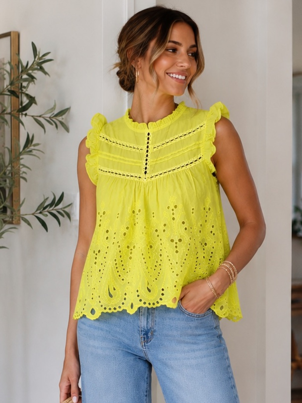 Yellow/Lime Eyelet Ruffle Sleeve Blouse